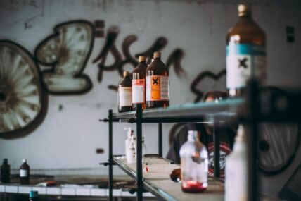 glass bottles on shelf