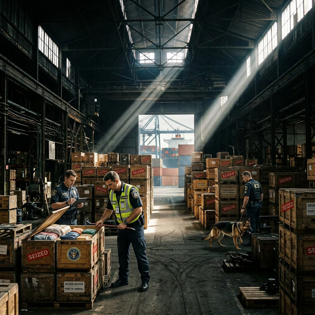 Customs officers checking crates of seized goods in warehouse with a K9 unit