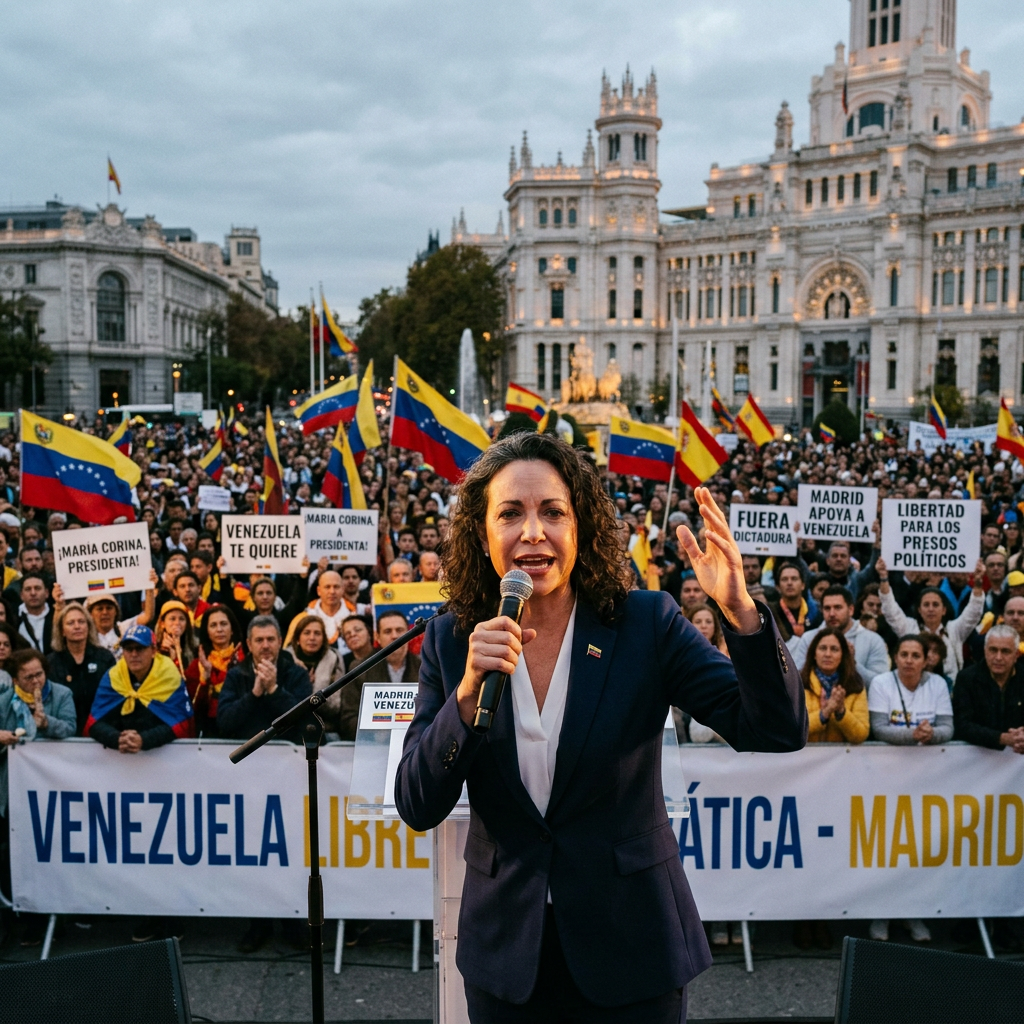 A woman speaking into a microphone at a rally with Venezuelan flags and protest signs in Madrid.