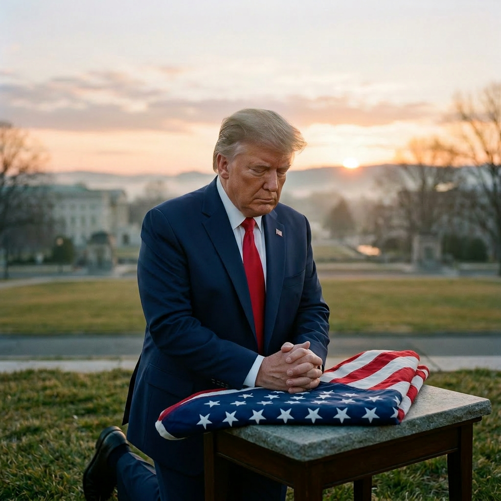 Man kneeling and praying with folded American flag on table outdoors