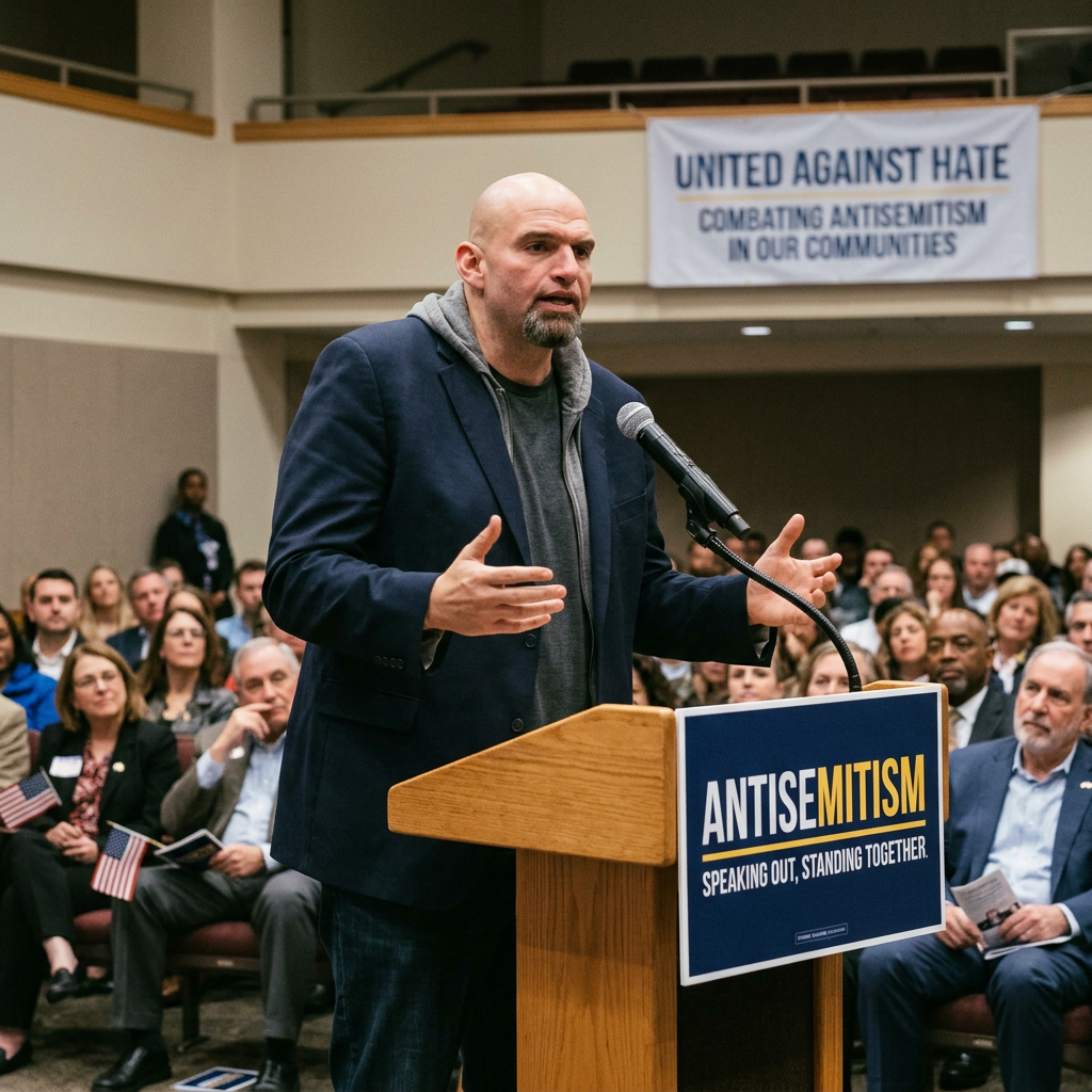 Man speaking at podium against antisemitism with audience seated