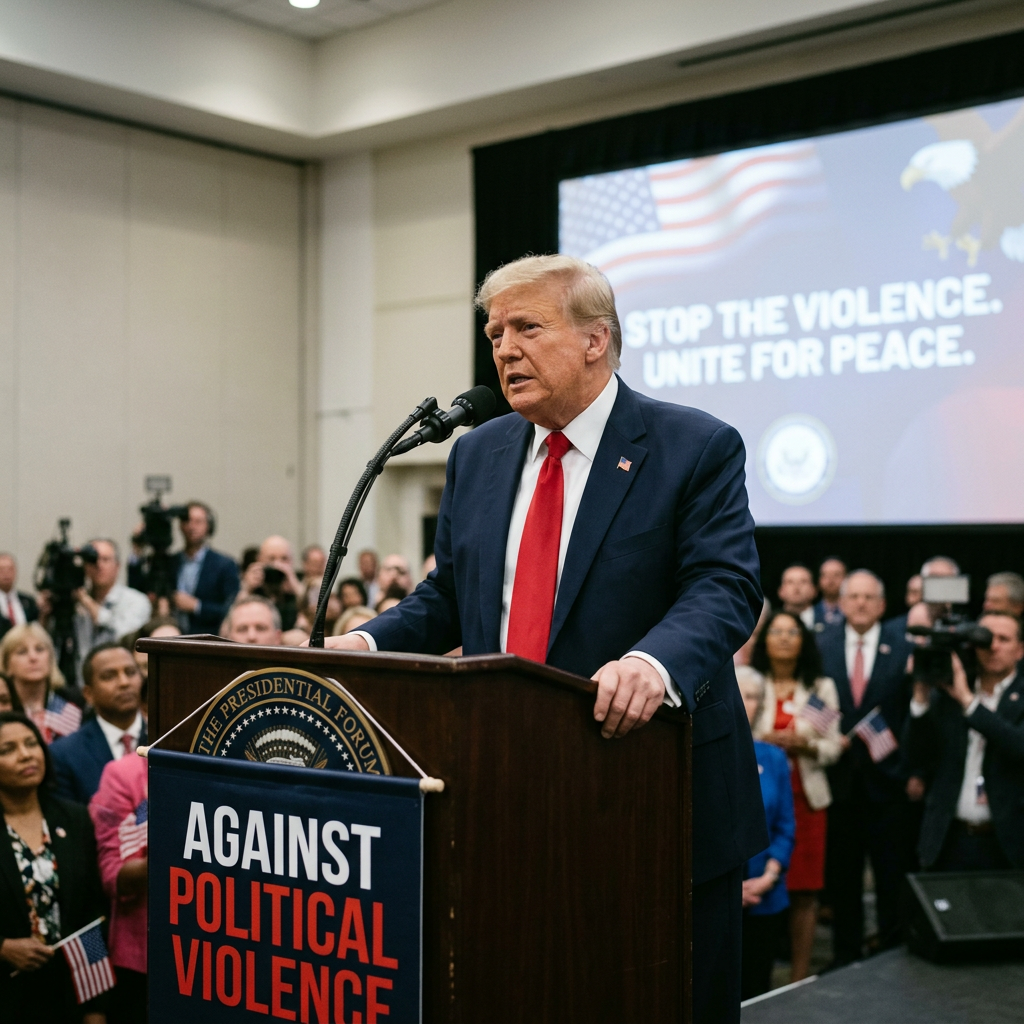 Man speaking at podium with sign 'Against Political Violence' and American flag