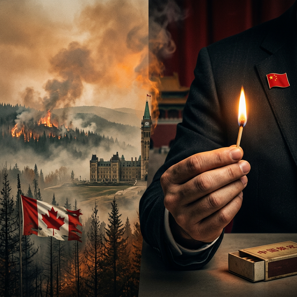 Wildfire burning forest near Canadian Parliament with Canadian flag and hand holding lit match with China flag pin