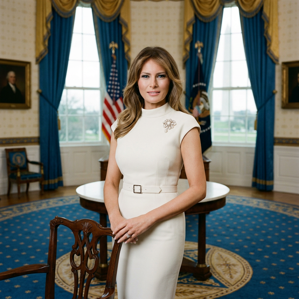 Woman in white dress standing in Oval Office near wooden chair