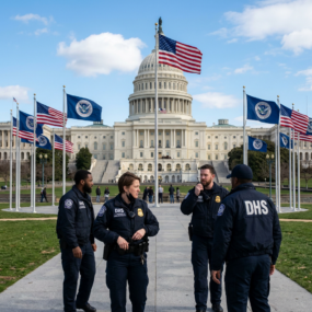 Four DHS officers in uniform standing and talking near the U.S. Capitol building with American and DHS flags flying.