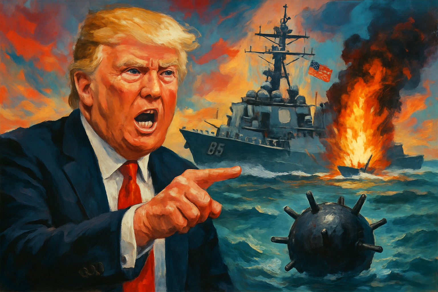Caricature of an angry man in a suit with orange hair shouting and pointing, as a battleship and fiery explosion loom in the background.