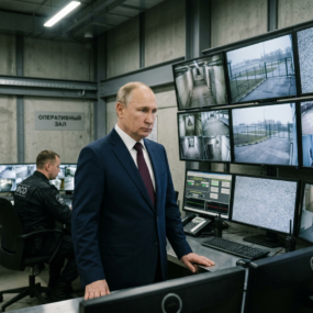 Man in suit standing in a security control room with surveillance monitors