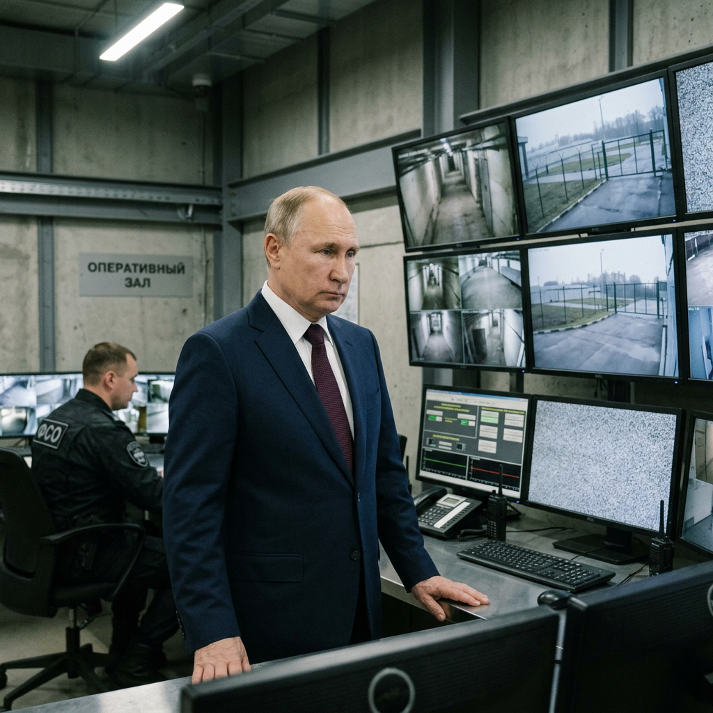 Man in suit standing in a security control room with surveillance monitors