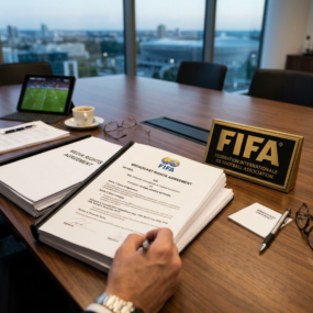 Person signing FIFA broadcast rights agreement with FIFA nameplate on table