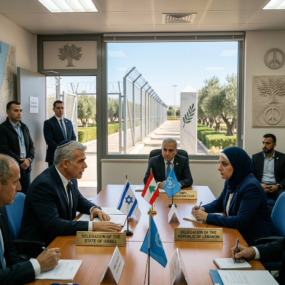 Israeli and Lebanese officials in a meeting with UNIFIL officers while protesters hold signs and flags outside