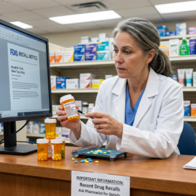 Pharmacist holding a prescription bottle and reviewing FDA drug recall notice on computer screen