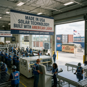 Workers assembling solar panels in a U.S. factory with banners promoting American-made solar technology and independent supply chains