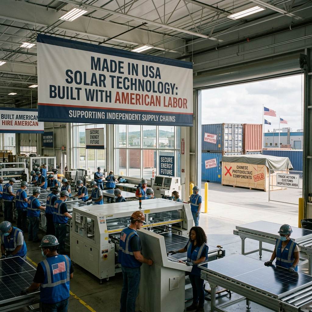 Workers assembling solar panels in a U.S. factory with banners promoting American-made solar technology and independent supply chains