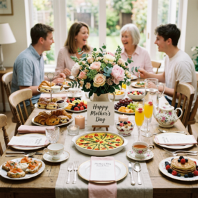 Family celebrating Mother's Day with brunch, flowers, and smiles