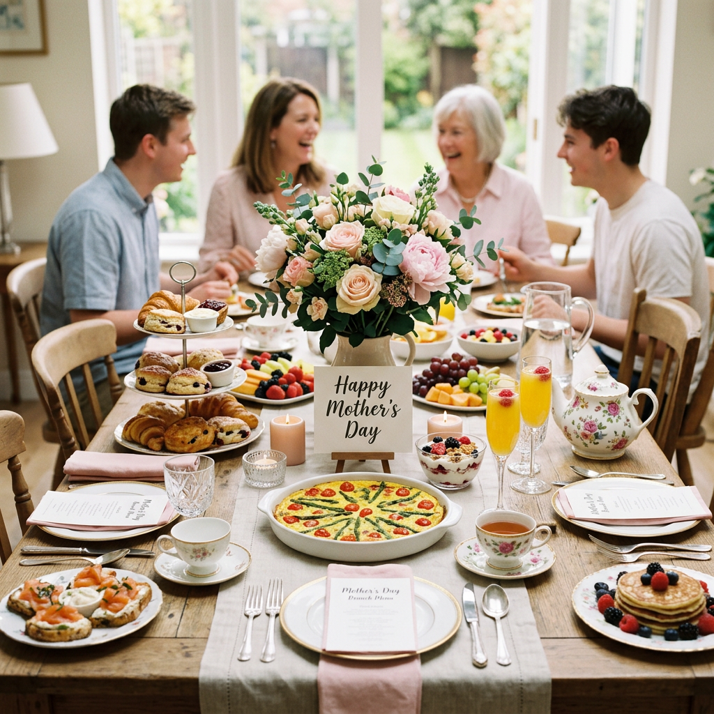 Family celebrating Mother's Day with brunch, flowers, and smiles