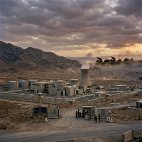 Nuclear facility with cooling tower emitting steam, guarded by soldiers at entrance, military vehicles positioned on hill in background