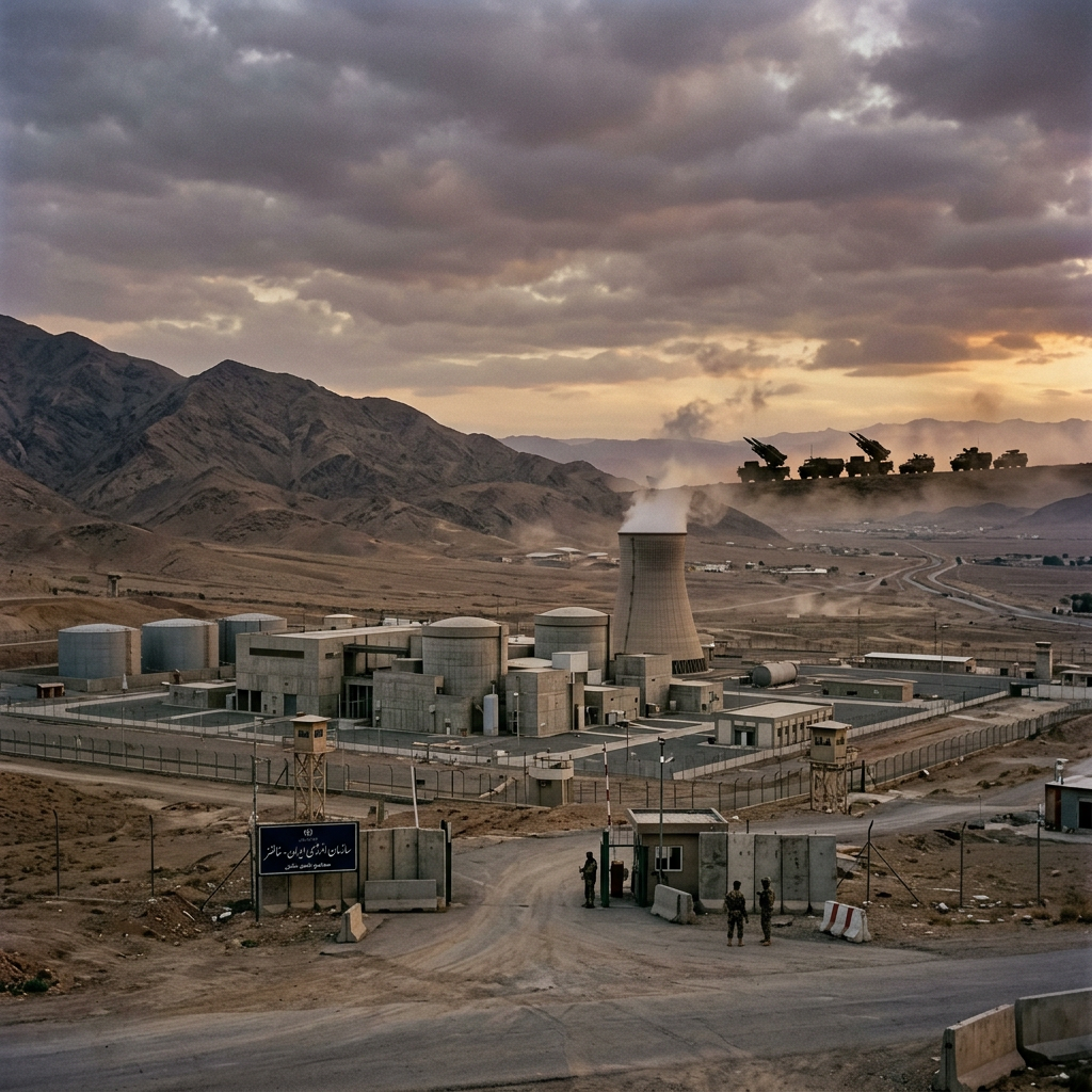 Nuclear facility with cooling tower emitting steam, guarded by soldiers at entrance, military vehicles positioned on hill in background