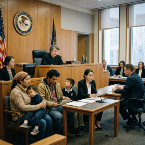 Family with children attending a custody hearing in courtroom with judge and lawyers