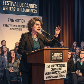 Woman speaking at a podium labeled 'Speakers for Justice' during a film festival event
