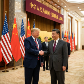 US President and Chinese President shaking hands in front of US and Chinese flags