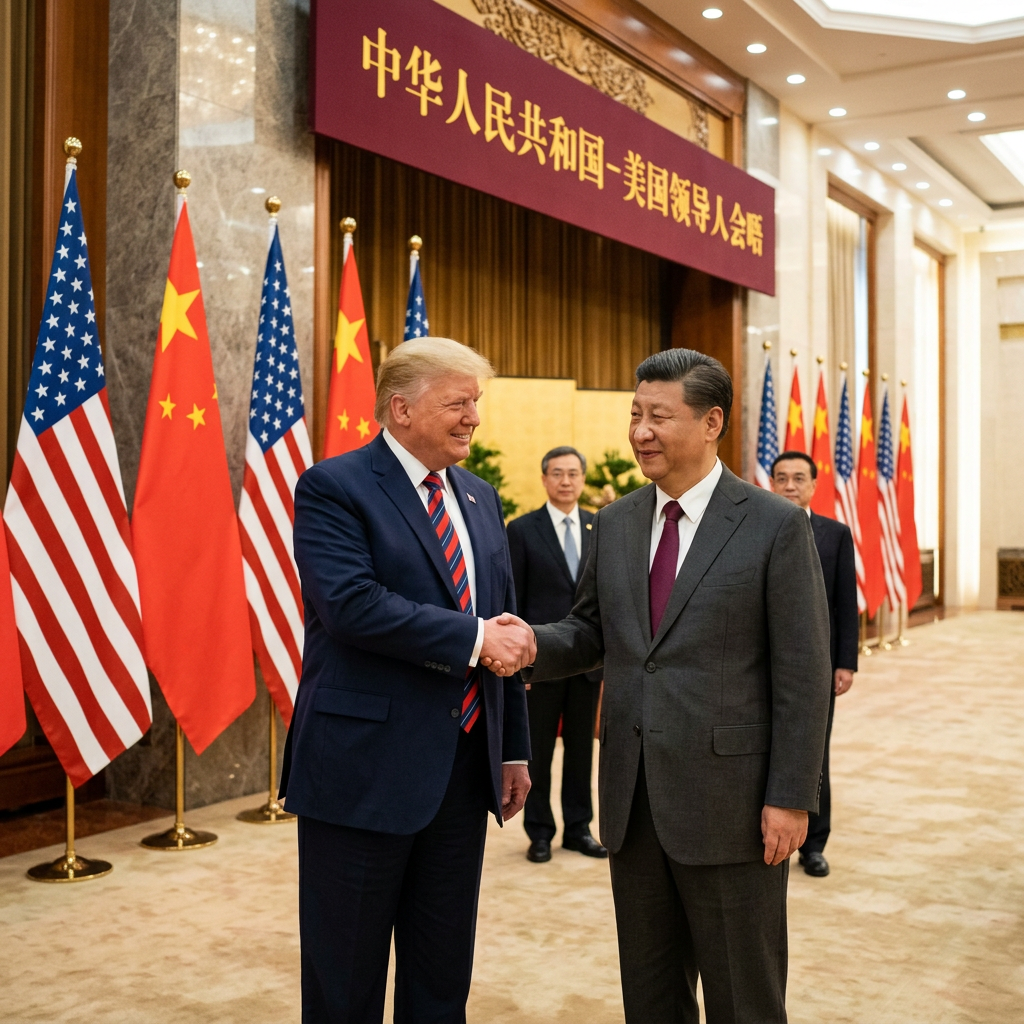US President and Chinese President shaking hands in front of US and Chinese flags