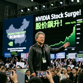 NVIDIA CEO speaking at event with stock surge graph and China visit details