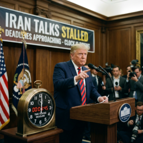 Donald Trump at podium with countdown clock titled 'Time Ticking Deadline' and banner reading 'Iran Talks Stalled'