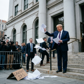 Man in suit throwing legal documents labeled 'Lawsuit IRS' outside city court with media present