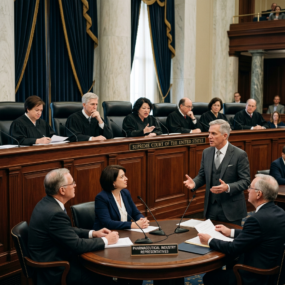Pharmaceutical industry representatives speaking to Supreme Court justices during a hearing