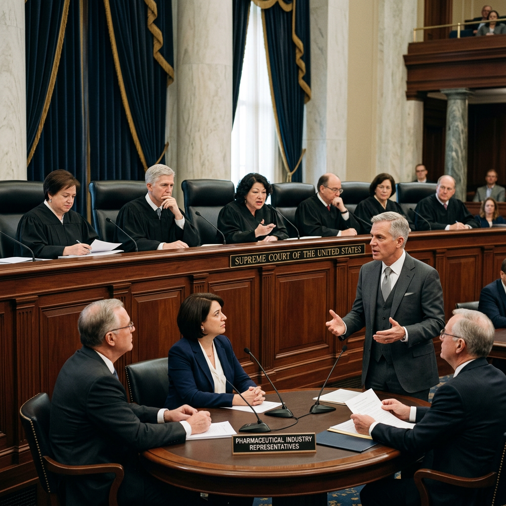 Pharmaceutical industry representatives speaking to Supreme Court justices during a hearing