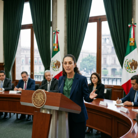 Woman speaking at podium with Mexican flags behind and officials seated at table