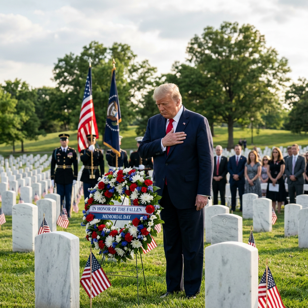 Man in suit with hand over heart standing beside wreath honoring fallen soldiers on Memorial Day in cemetery