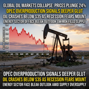 Graph showing WTI crude oil price drop below $35 from January to August with oil pumpjack in foreground
