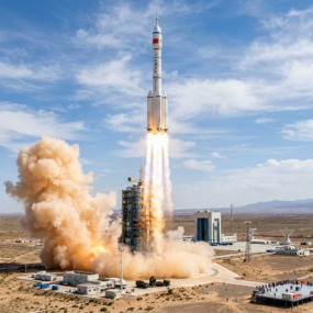 Long March 5B rocket launching from a desert spaceport with smoke and fire plume