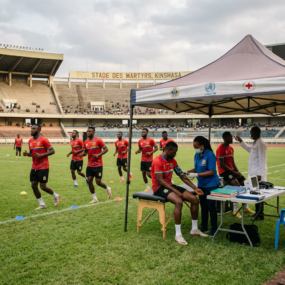Football players warming up and receiving medical check-ups under a tent at Stade des Martyrs, Kinshasa.
