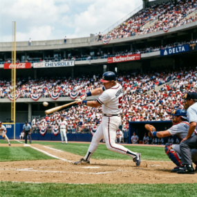 Baseball player hitting ball with bat in front of crowd