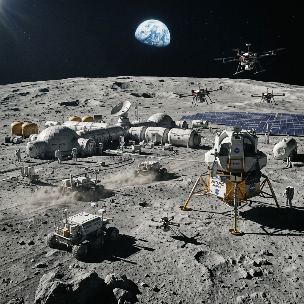 Lunar base with habitat modules, astronauts, solar panels, rovers, drones, and Earth in the background