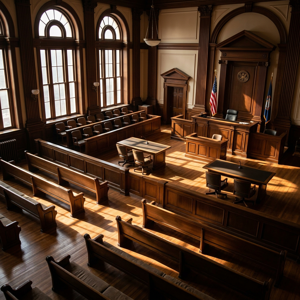 Empty courtroom with wooden benches, judge's bench, and American flags