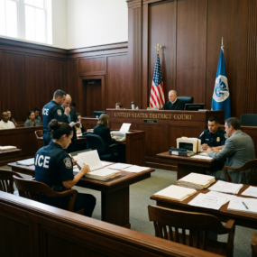 ICE officers and legal professionals in a United States District Court hearing room.