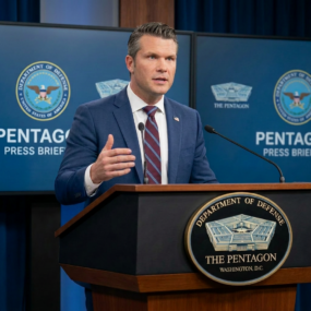 Man in a blue suit delivering remarks at a podium during a Pentagon press briefing, with official seals in the background on screens and backdrop.