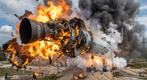 Rocket breaking apart with fireball and smoke during launch failure