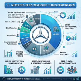 Pie chart showing Mercedes-Benz ownership percentages divided among major shareholders, institutional investors, private investors, and treasury shares.