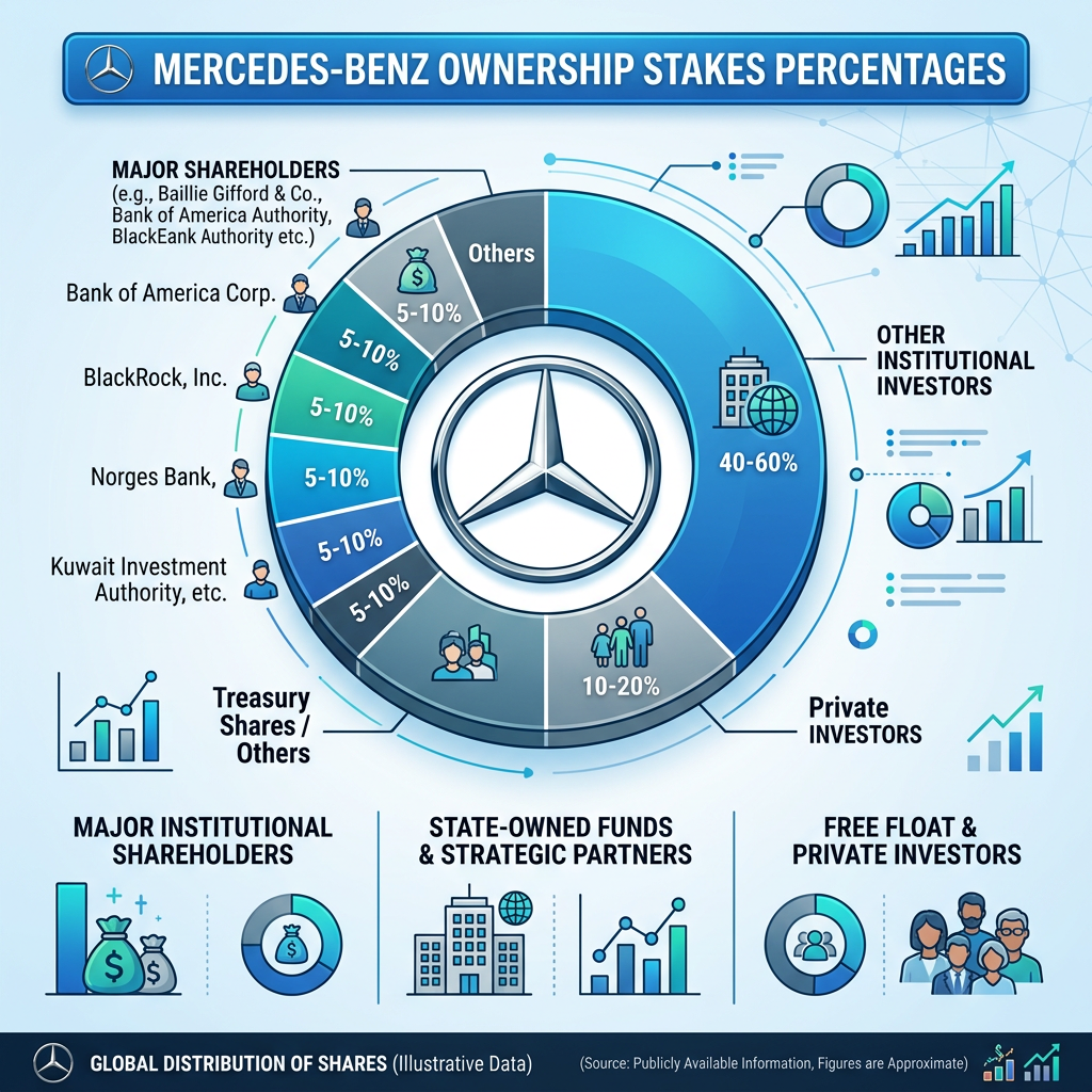 Pie chart showing Mercedes-Benz ownership percentages divided among major shareholders, institutional investors, private investors, and treasury shares.