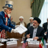 Donald Trump handing papers labeled 'Revised Proposal' to Iranian officials at a meeting table