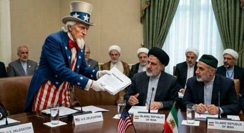 Donald Trump handing papers labeled 'Revised Proposal' to Iranian officials at a meeting table