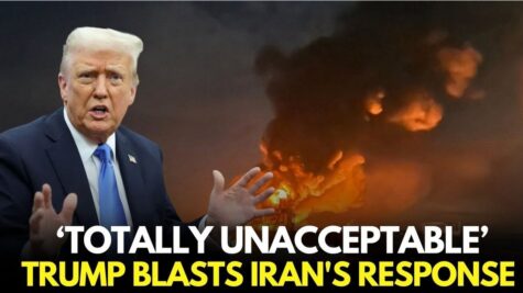 News banner: Donald Trump with a fiery explosion in the background; large text reads 'TOTALLY UNACCEPTABLE' and 'TRUMP BLASTS IRAN'S RESPONSE'.