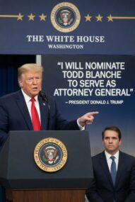 Man stands at a White House podium with the presidential seal; backdrop shows a quote about nominating someone to be Attorney General.