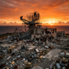 Ruined coastal radar station with collapsed structures at sunset