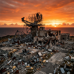 Ruined coastal radar station with collapsed structures at sunset