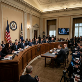 United States Senate members seated at a curved wooden desk during a hearing